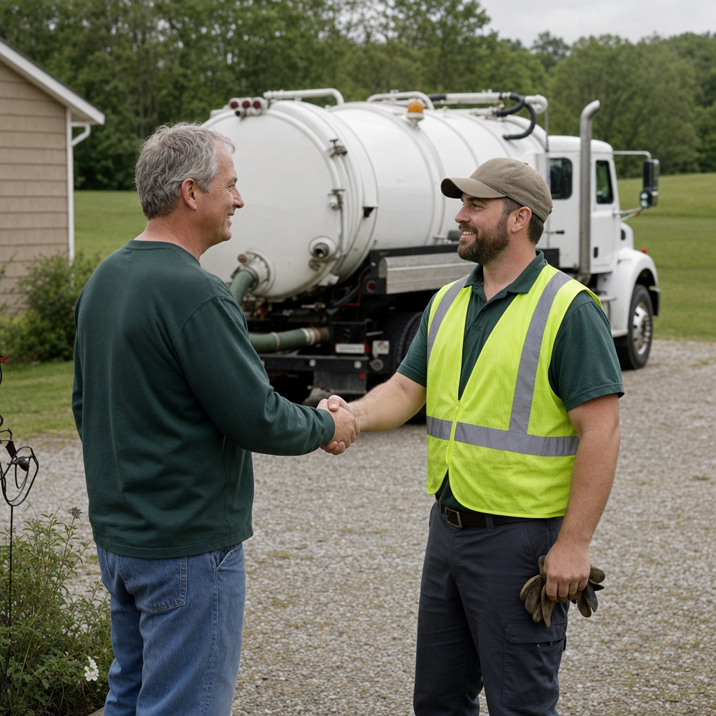 A septic technician shaking a Deer Valley homeowner's hand beside the service truck after a completed pump-out