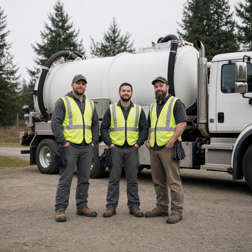 The Deer Valley septic pumping crew standing together beside their clean white vacuum truck on a residential street