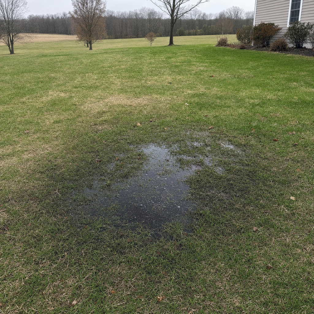A dark, saturated wet spot in a Deer Valley backyard lawn marking a failing cesspool at capacity