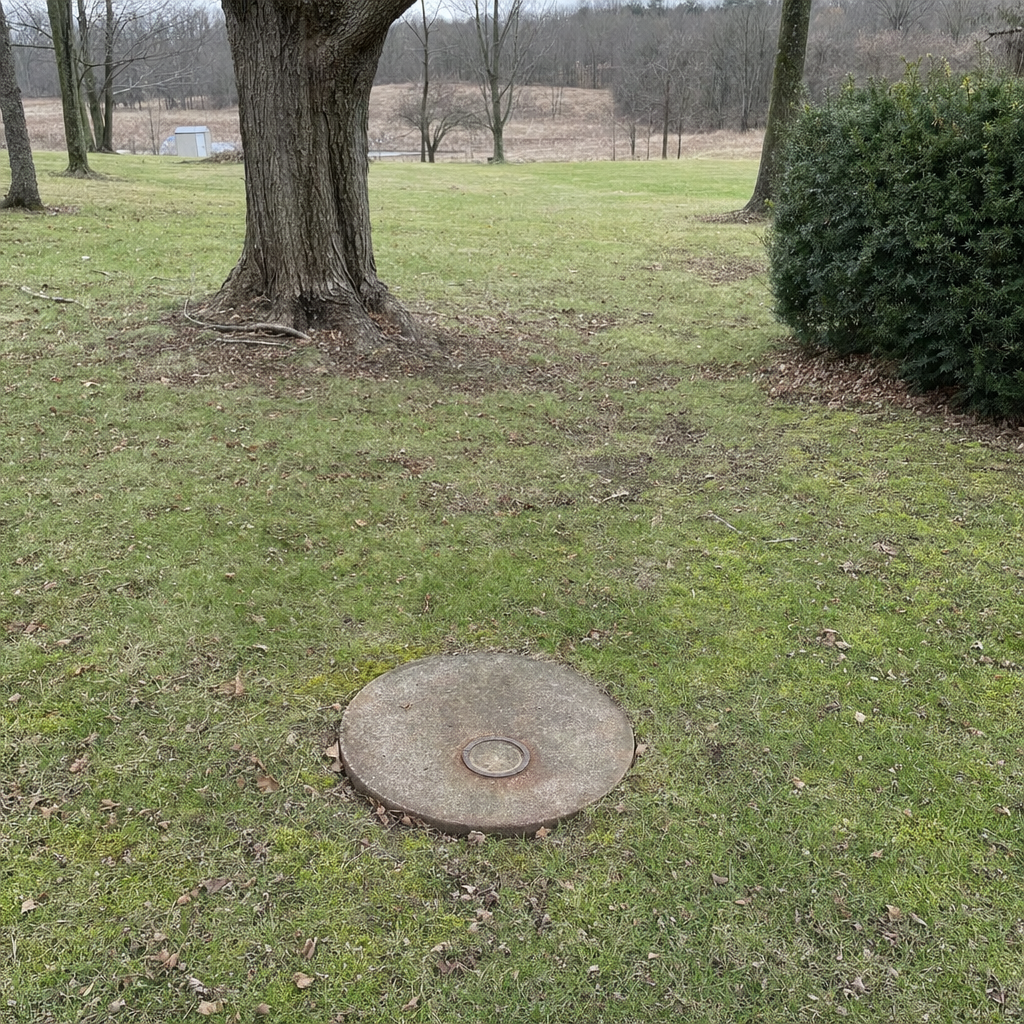 An older round cesspool access lid set flush in an established, mature Deer Valley backyard lawn