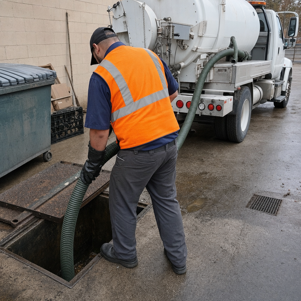 Technician pumping a grease trap behind a Deer Valley restaurant