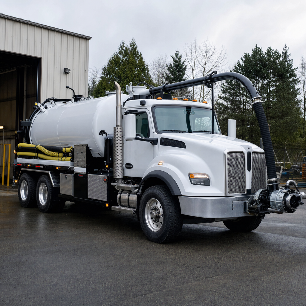 A clean white septic vacuum truck rolling out of a tidy Deer Valley service depot at the start of the day