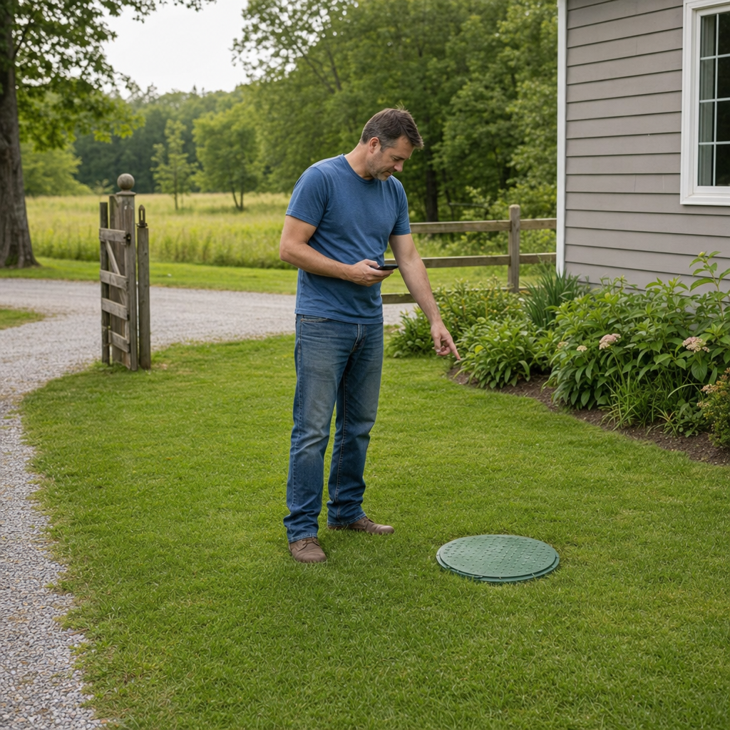 A Deer Valley-area homeowner standing in the backyard noting where the septic tank lid and access route are located