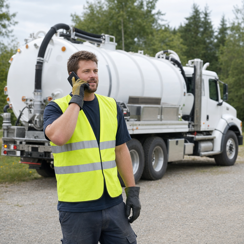 A friendly septic dispatcher holding a phone, ready to answer a Deer Valley homeowner's call about a pump-out