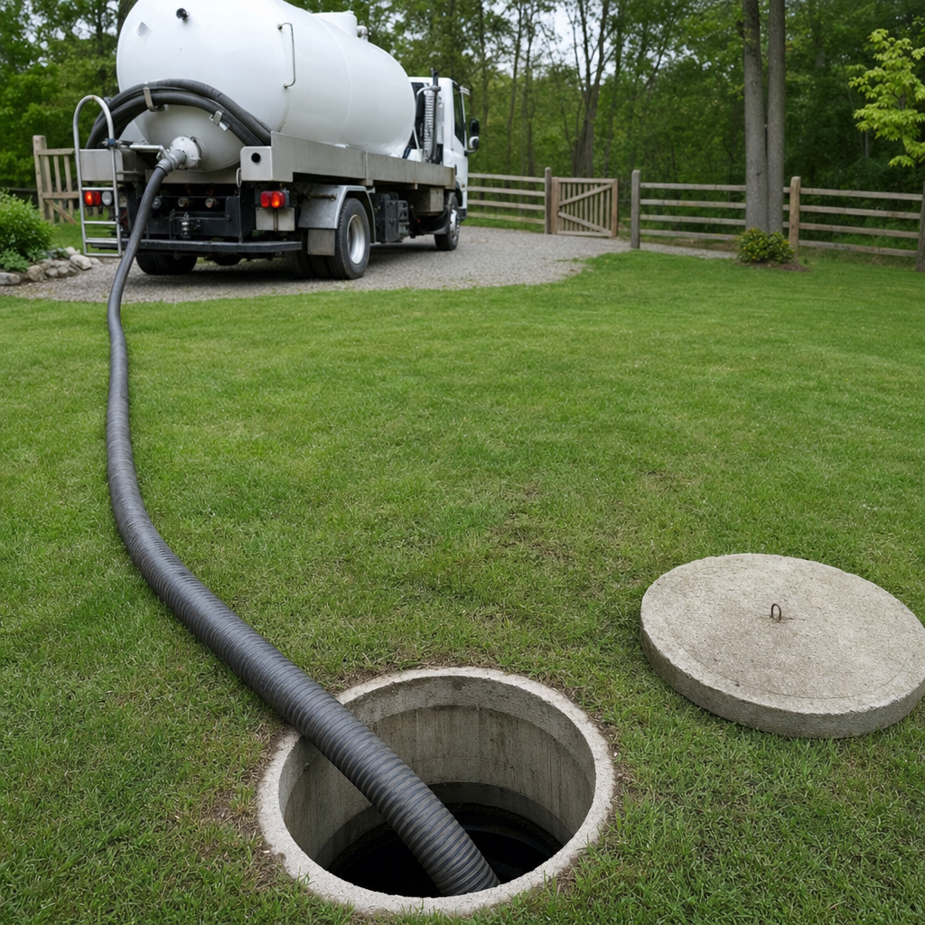 Suction hose connected to an open septic tank, drawing it down in a tidy Deer Valley yard
