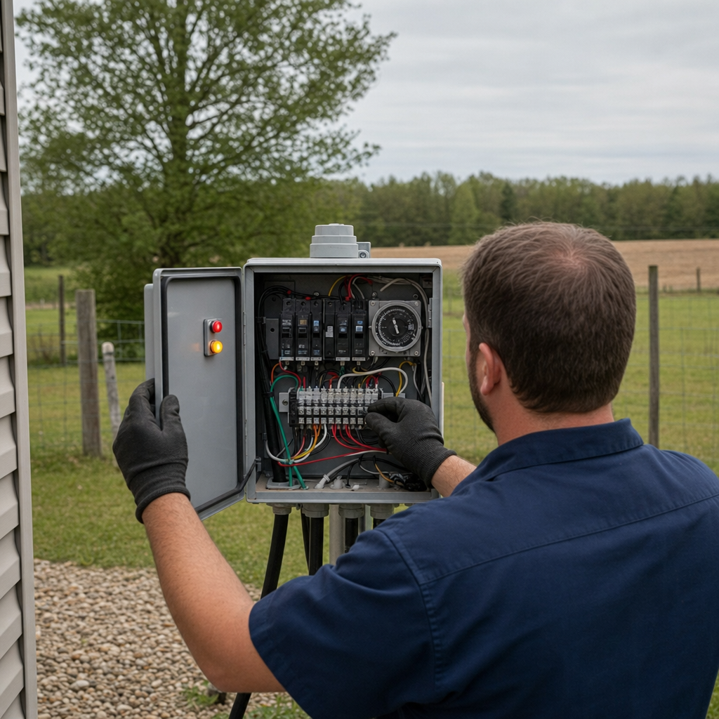 Technician checking an aerobic septic control box with a lit red high-water alarm during a same-day Deer Valley visit