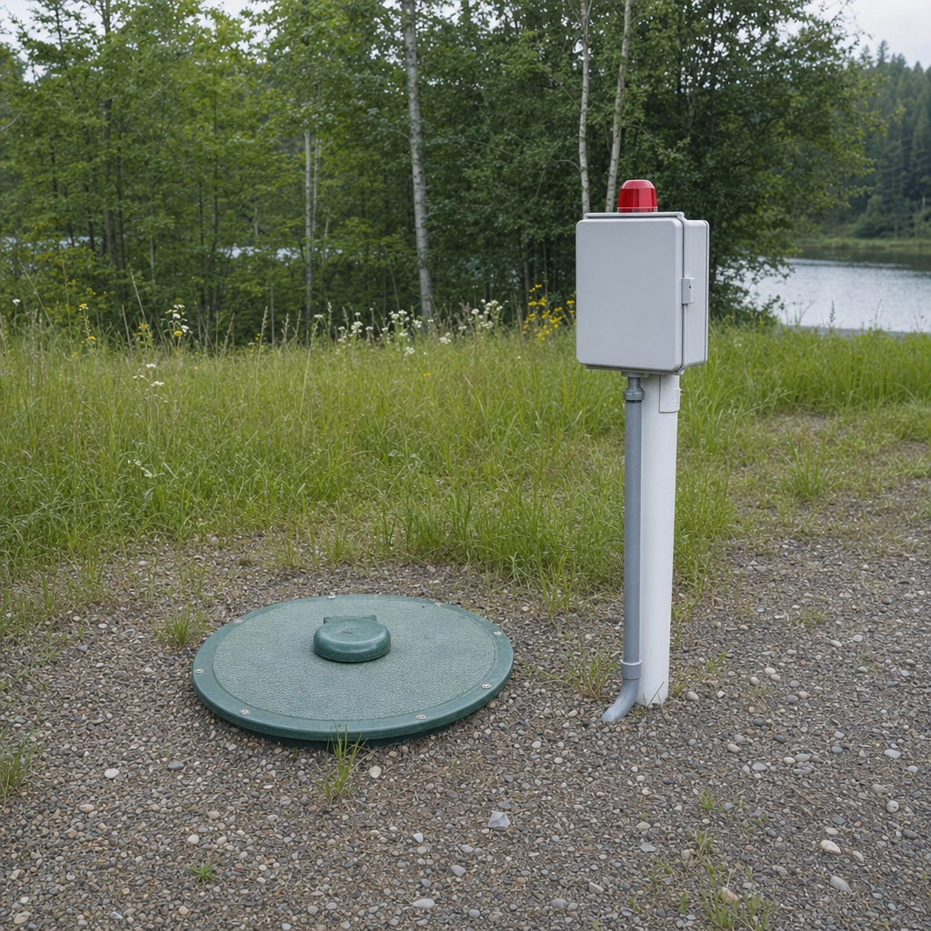 A wastewater holding tank access lid set in the ground at a rural Deer Valley-area cabin, with a mounted high-level float alarm panel nearby