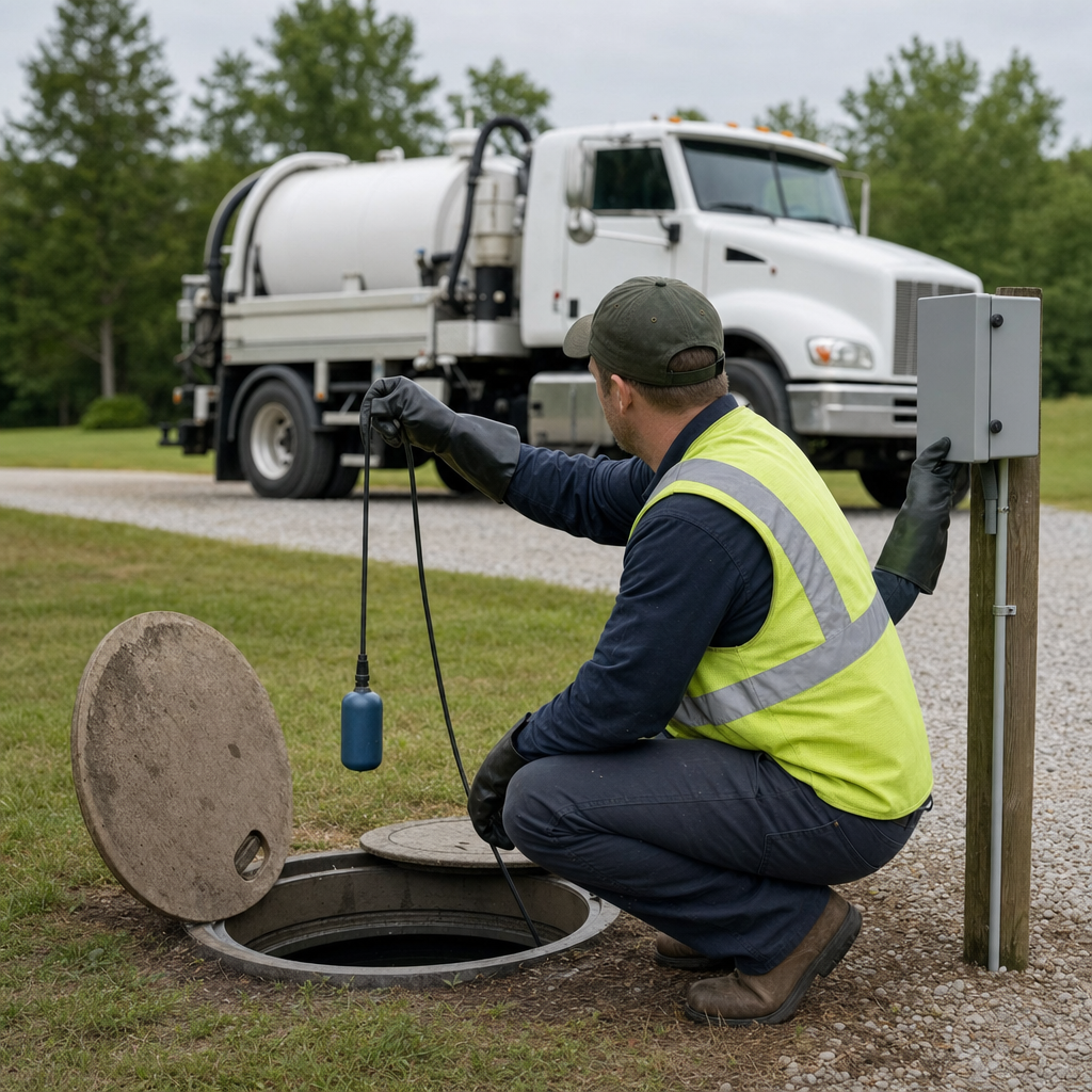 A septic technician in a high-visibility vest checking a high-level float switch and alarm panel on a holding tank at a rural Deer Valley-area site