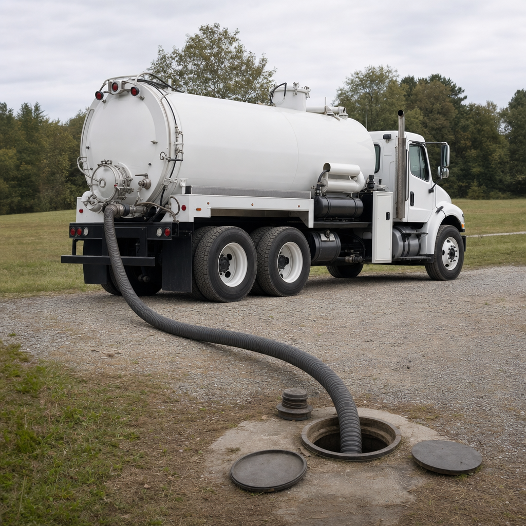 An unmarked white vacuum truck emptying a wastewater holding tank on a scheduled visit at a rural Deer Valley-area property, thick suction hose running to the tank lid