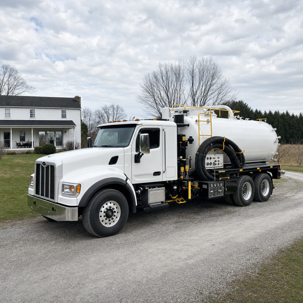 A clean white septic vacuum truck parked on a tidy Deer Valley driveway with the suction hose neatly coiled