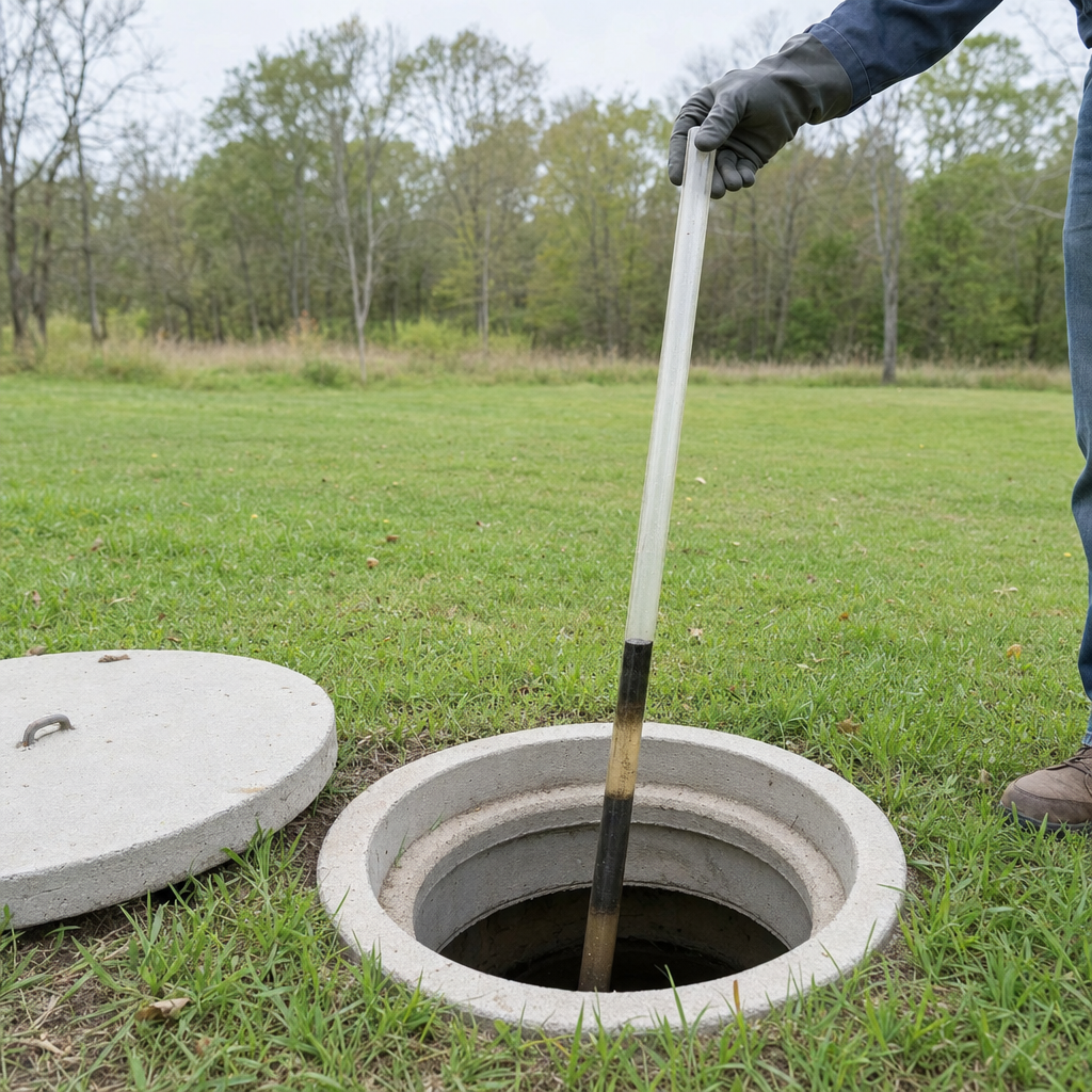 A septic sludge-judge measuring stick lowered into an open Deer Valley septic tank to read the depth of the sludge and scum layers before deciding whether a pump-out is due