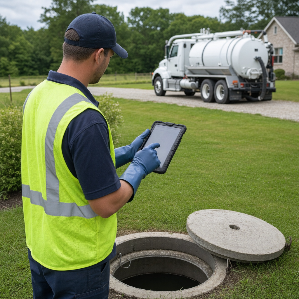 A septic technician recording a Deer Valley home's pump-out date and tank condition on a tablet beside an open access lid, tracking the service history that sets the next due date