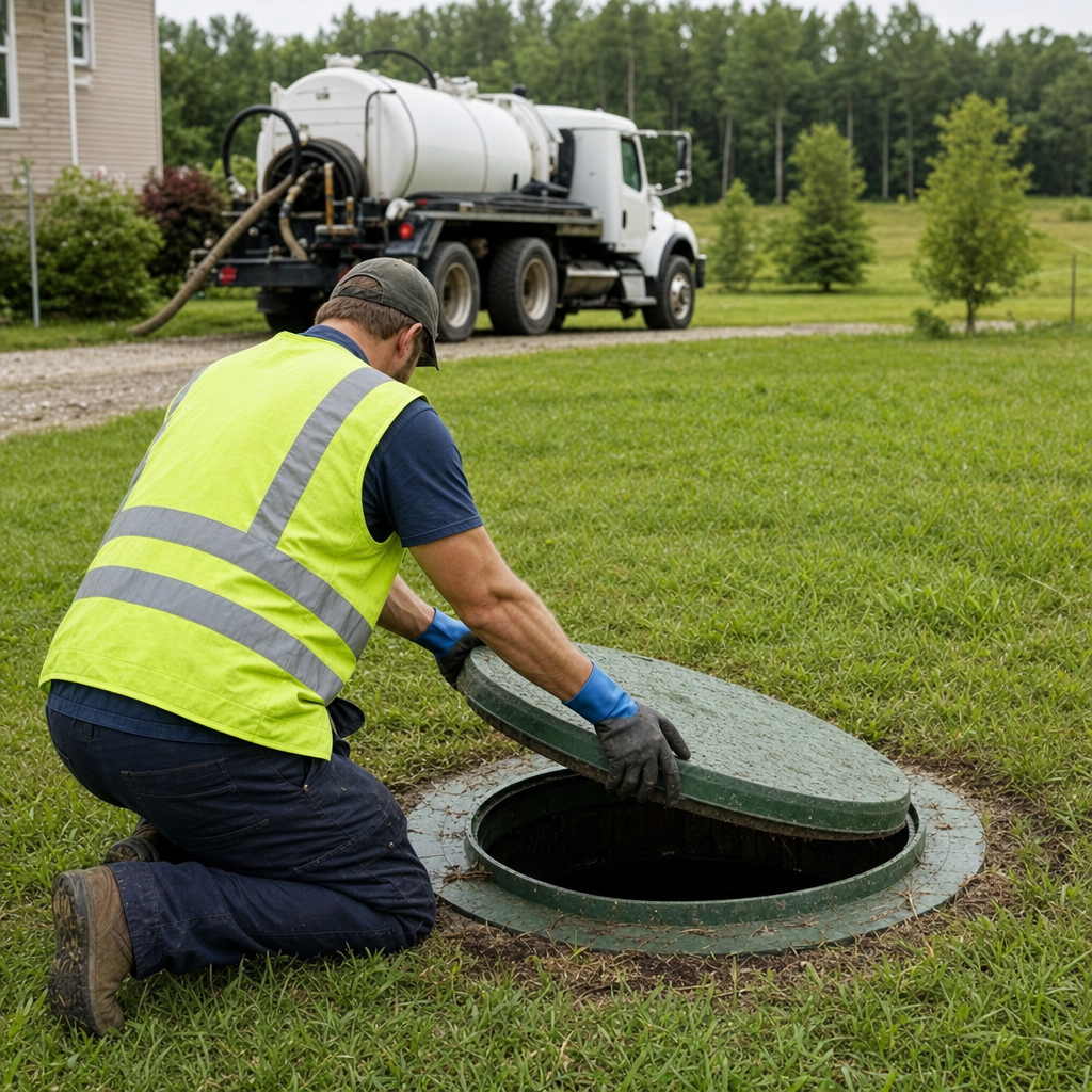Septic technician kneeling on a Deer Valley lawn, lifting the access lid on a residential septic tank