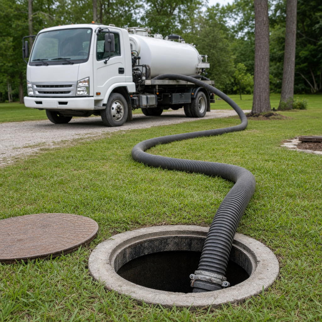 Thick ribbed suction hose lowered into a clean open septic tank port on a tidy Deer Valley backyard lawn