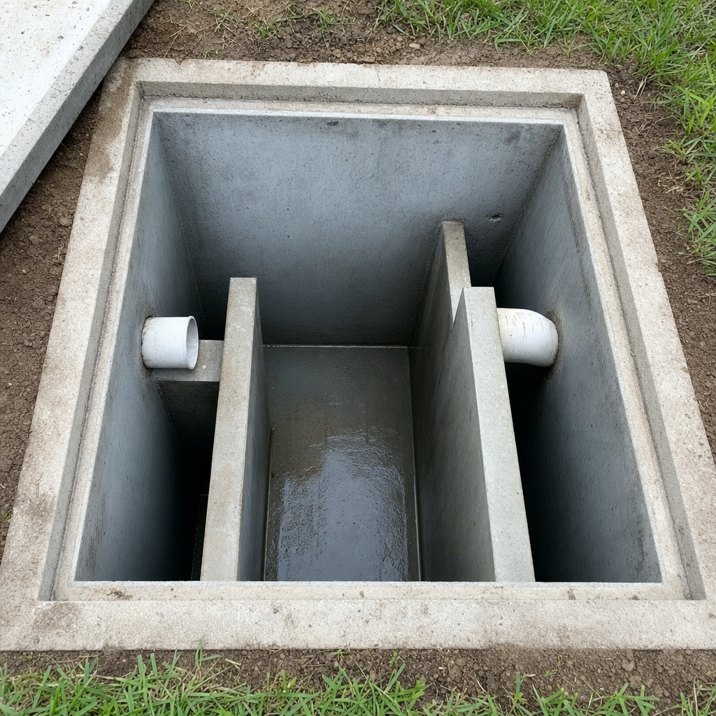 Inspection of the concrete baffles inside an open, emptied and freshly cleaned Deer Valley septic tank
