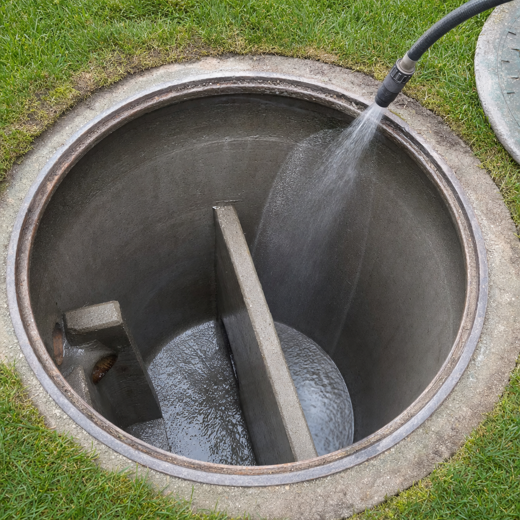 Interior concrete walls of an emptied Deer Valley septic tank being rinsed clean with the truck's onboard water hose