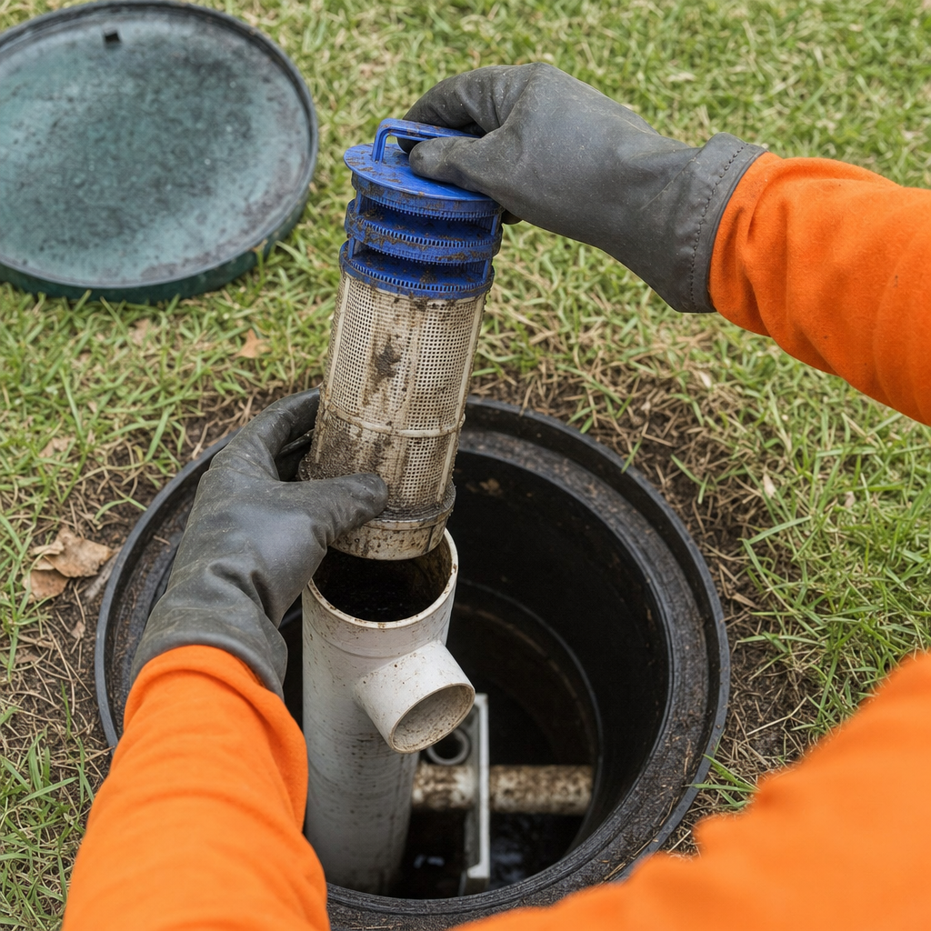 Septic technician's gloved hands lifting the effluent filter cartridge out of the outlet housing on a Deer Valley septic tank