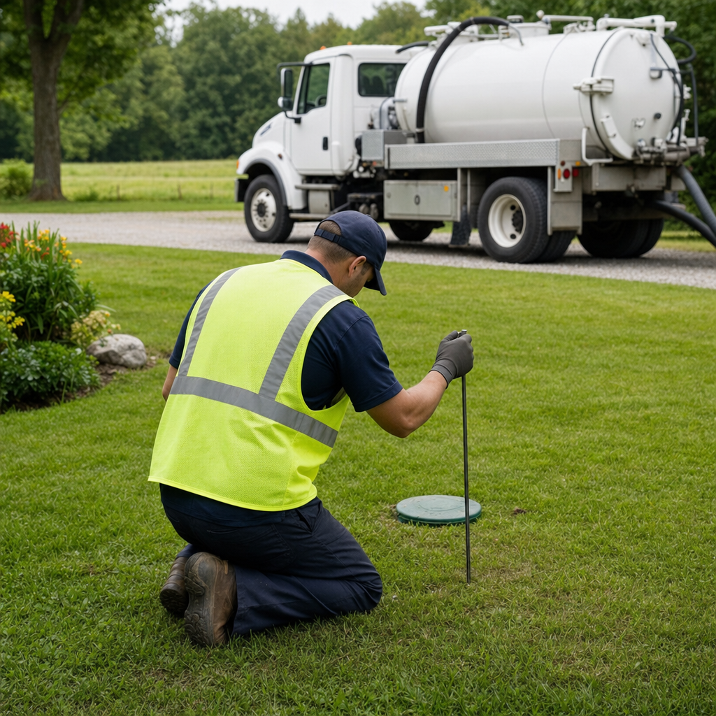 Septic technician kneeling on a Deer Valley lawn, probing to locate and measure the depth of a buried septic tank lid before pumping