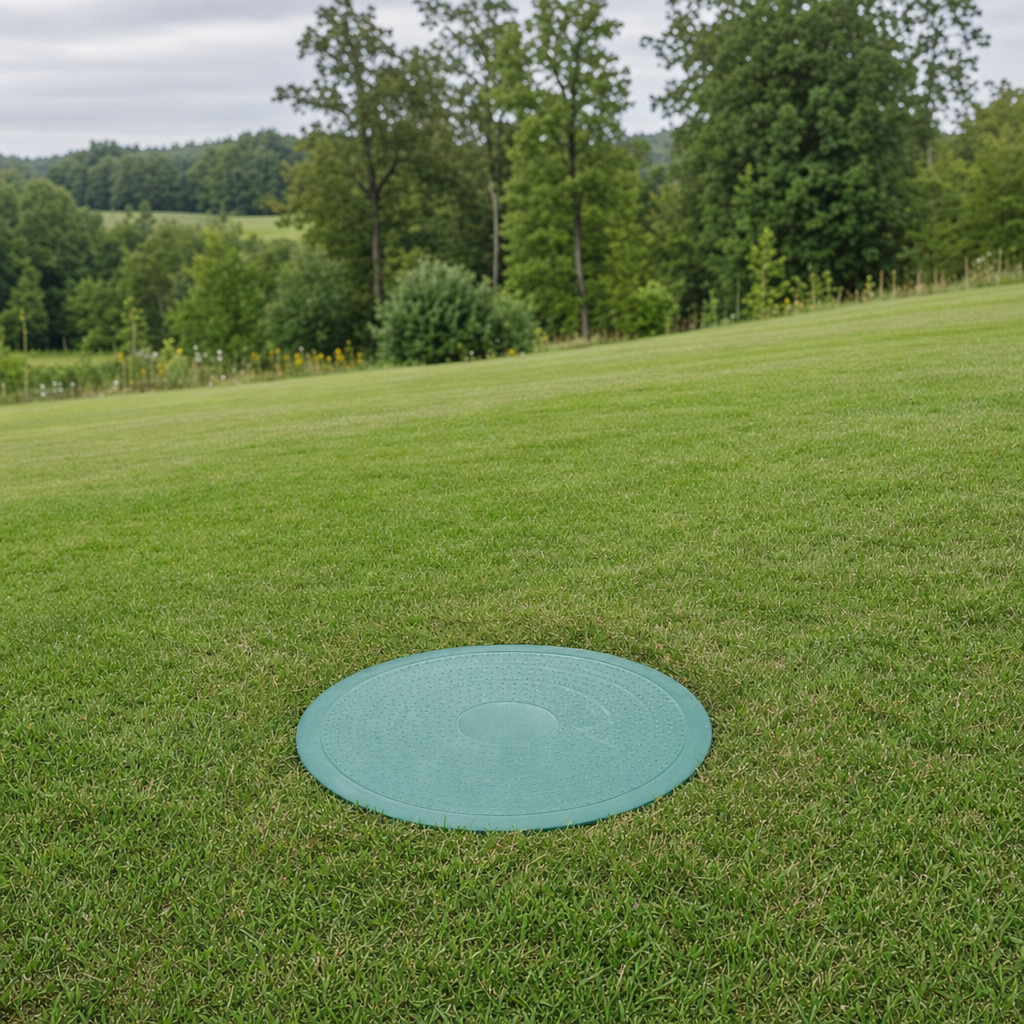 A newly installed septic riser bringing the tank lid up flush to grade in a Deer Valley yard for easy future access