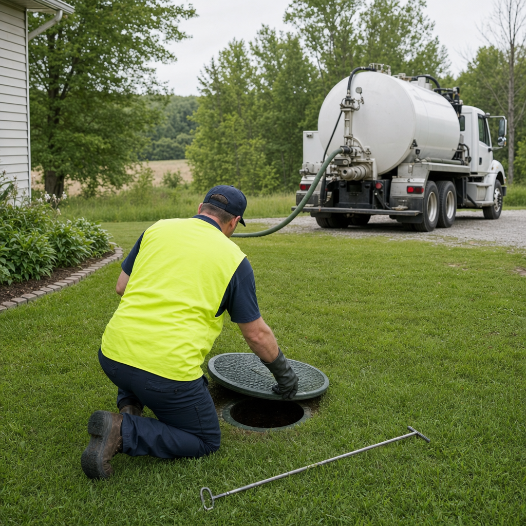Septic technician kneeling on a Deer Valley lawn, lifting the buried access lid on a residential septic tank