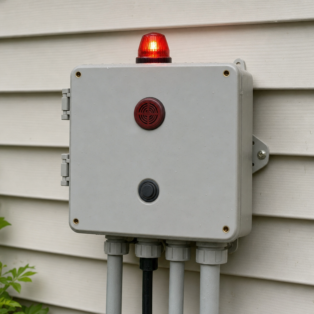An aerobic septic system control panel mounted outside a Deer Valley home with its red high-water alarm light lit