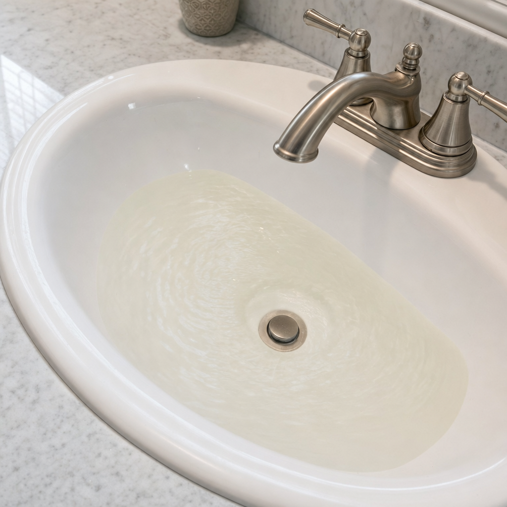 A bathroom sink draining slowly with water pooled in the basin, an early warning sign that a Deer Valley septic tank is full